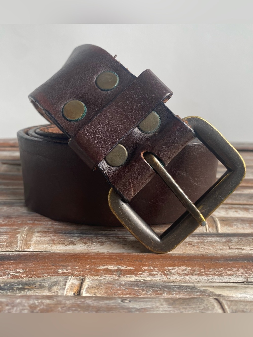 Vintage 90s BRAVE brown leather belt brass buckle Y2K casual Classic menswear